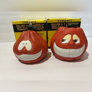 Vintage Lot of 2 Wack O Lantern Pumpkins Lights up using Votive 1997 Halloween